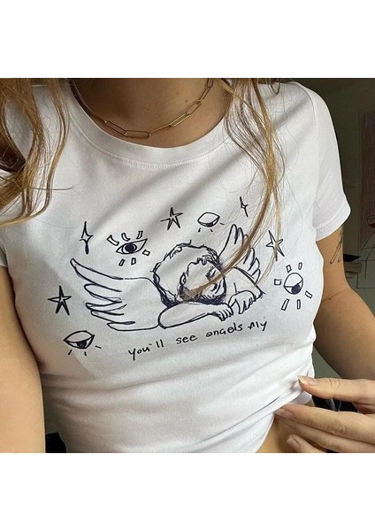 Angel Baskılı Crop Bluz