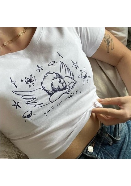 Angel Baskılı Crop Bluz fiyatları
