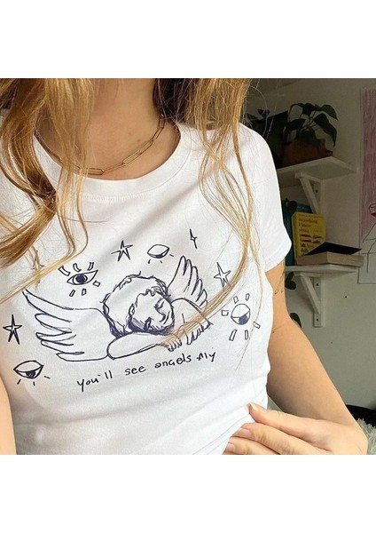 Angel Baskılı Crop Bluz modelleri