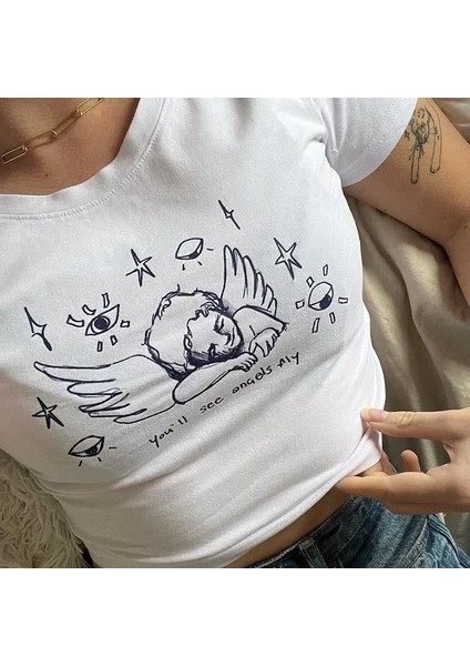 Angel Baskılı Crop Bluz fırsatları