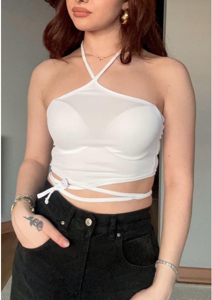 Çapraz Askılı Ribanalı Crop Bluz