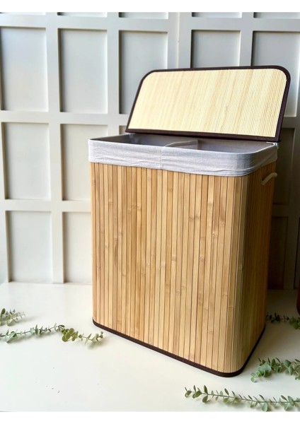 Bambu Çamaşır Sepeti Dikdörtgen 2 Bölmeli 63X52X32