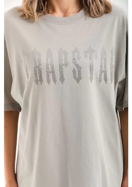 Unisex Taş Desenli Oversize T-Shirt - Gri