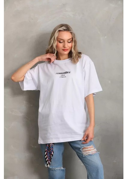 Unisex Baskılı Oversize T-Shirt - Beyaz