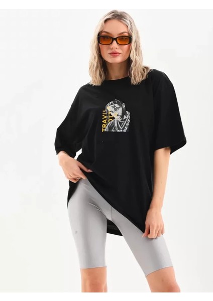 Unisex Baskılı Oversize T-Shirt - Siyah