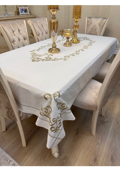 Masa Örtüsü Gold Işlemeli Leke Tutmaz Gardenya Kumaş
