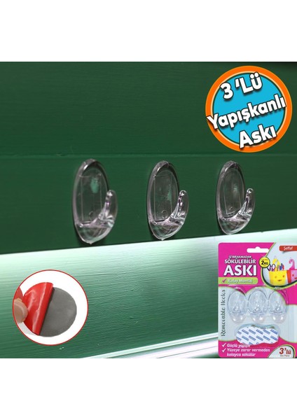 Banyo Lavabo Mutfak Askılık Şeffaf Plastik Sağlam Asma Iz Bırakmayan Yapışkanlı Askı 3 Adetli Set