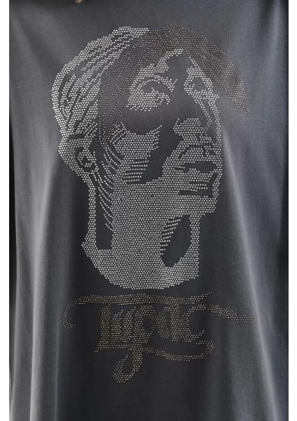 Cananataç Unisex Taş Desenli Oversize T-Shirt - Füme