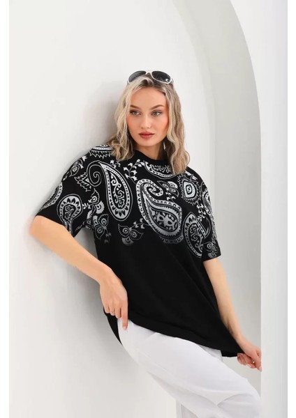 Unisex Baskılı Oversize T-Shirt - Siyah modelleri