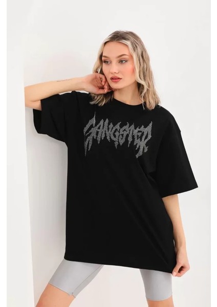 Unisex Taş Desenli Oversize T-Shirt - Siyah