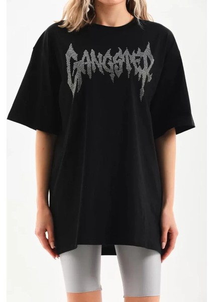 Unisex Taş Desenli Oversize T-Shirt - Siyah fiyatları