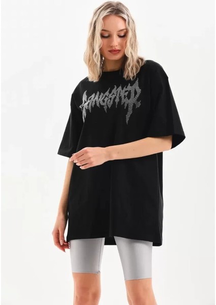 Unisex Taş Desenli Oversize T-Shirt - Siyah fırsatları