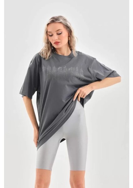 Unisex Taş Desenli Oversize T-Shirt - Füme