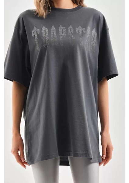 Unisex Taş Desenli Oversize T-Shirt - Füme fiyatları