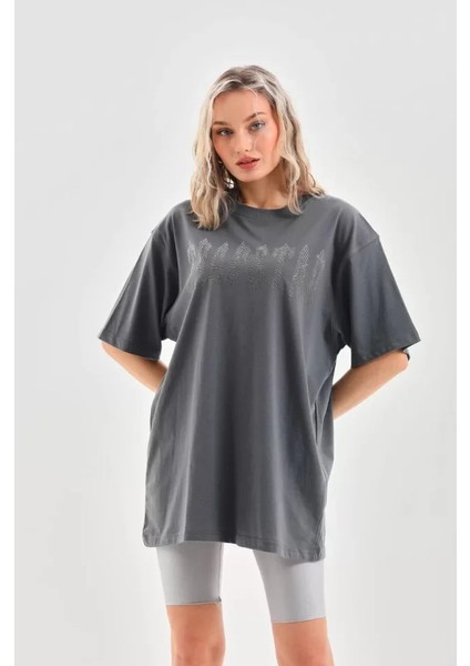 Unisex Taş Desenli Oversize T-Shirt - Füme fırsatları