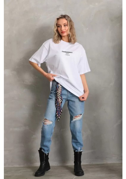 Unisex Baskılı Oversize T-Shirt - Beyaz fırsatları