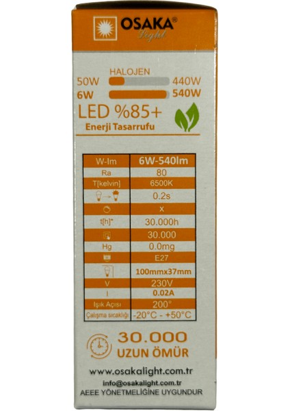 6W (50W) 6500K (Beyaz Işık) E27 Duylu LED Ampul