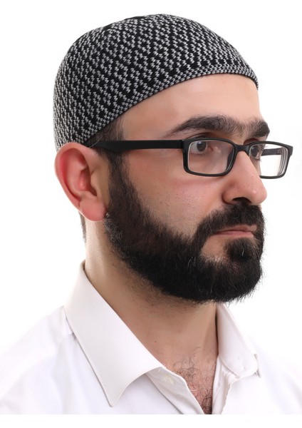 Gri Orlon Kışlık Namaz Takkesi Baklava Desenli Takke