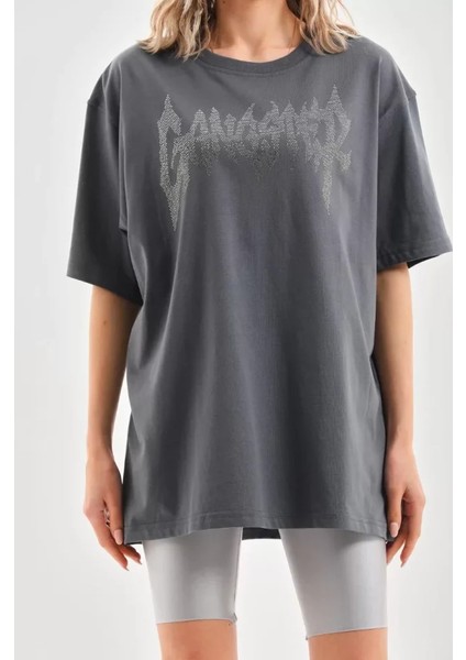 Unisex Taş Desenli Oversize T-Shirt - Füme modelleri