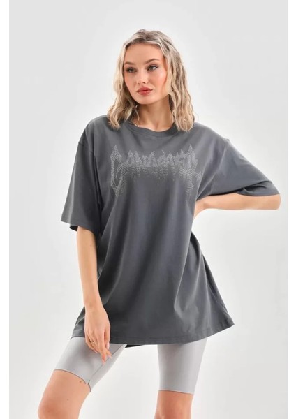 Unisex Taş Desenli Oversize T-Shirt - Füme fırsatları