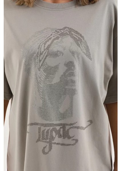 Unisex Taş Desenli Oversize T-Shirt - Gri modelleri