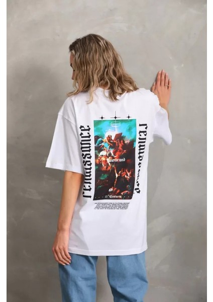 Unisex Baskılı Oversize T-Shirt - Beyaz fiyatları