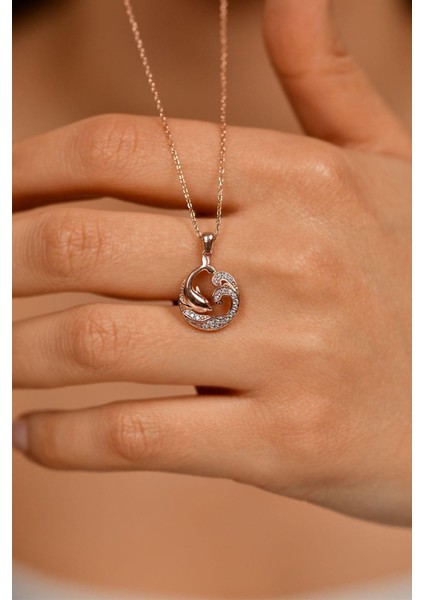 Zirkon Taşlı Rose Yunus Balığı Gümüş Kolye N10076