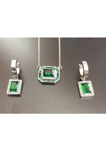 Kadın Vip Çelik Silver Zirkon Yeşil Taşlı Kolye Küpe Seti