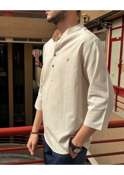 Erkek, Regular Fit, Hakim Yaka, Pamuklu, Keten Görünümlü Gömlek 24INPG07 modelleri