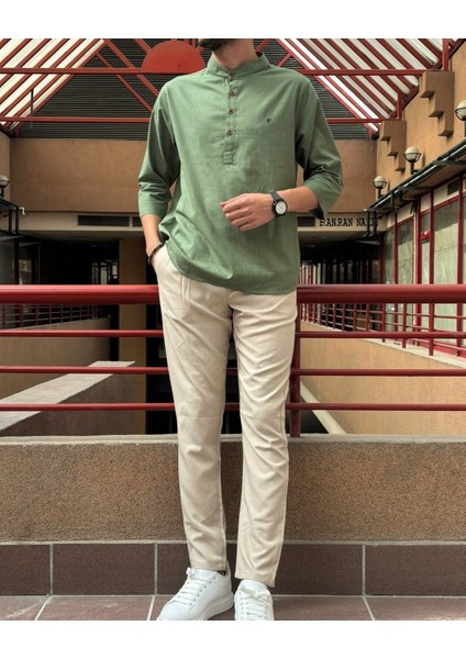 Erkek, Regular Fit, Hakim Yaka, Pamuklu, Keten Görünümlü Gömlek 24INPG07