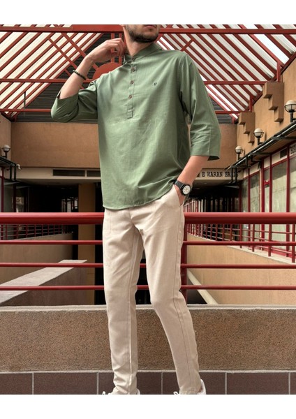 Erkek, Regular Fit, Hakim Yaka, Pamuklu, Keten Görünümlü Gömlek 24INPG07 modelleri