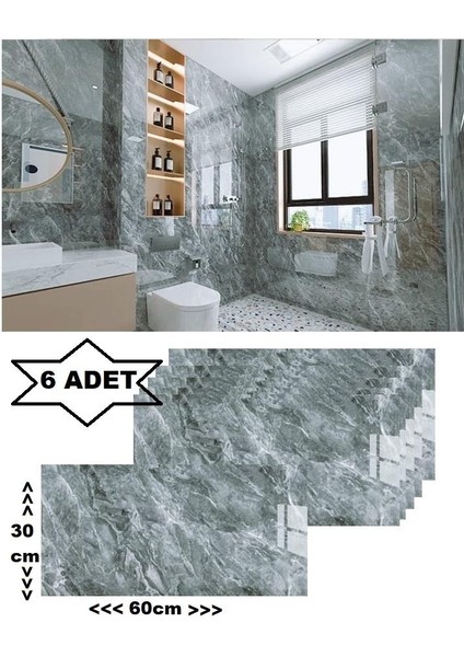 Renkli Duvarlar 6 Adet 60X30CM Koyu Gri Yeşil Mermer Desen Yapışkanlı Karavan Banyo Duvar Kaplama Paneli Shiny-25