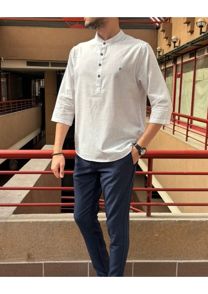 Erkek, Regular Fit, Hakim Yaka, Pamuklu, Keten Görünümlü Gömlek 24INPG07