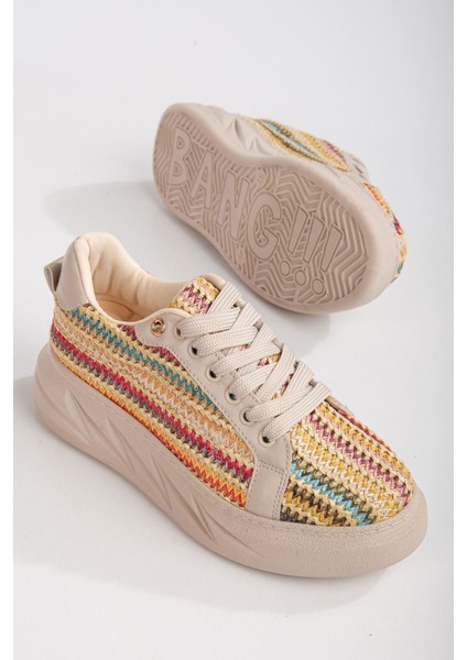 Krem - Renkli Hasır Tasarım, Topuk Boyu 4.5 Cm, Poli Air Hafif Taban Kadın Sneaker
