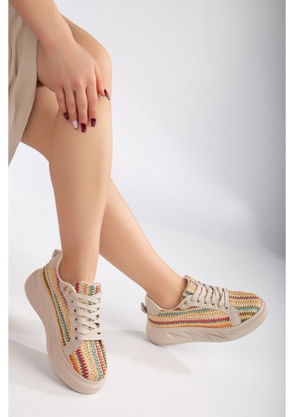 Krem - Renkli Hasır Tasarım, Topuk Boyu 4.5 Cm, Poli Air Hafif Taban Kadın Sneaker fiyatları
