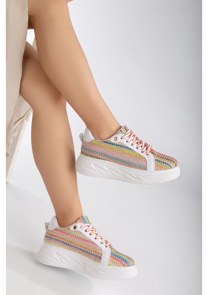 Beyaz - Renkli Hasır Tasarım, Topuk Boyu 4.5 Cm, Poli Air Hafif Taban Kadın Sneaker fiyatları