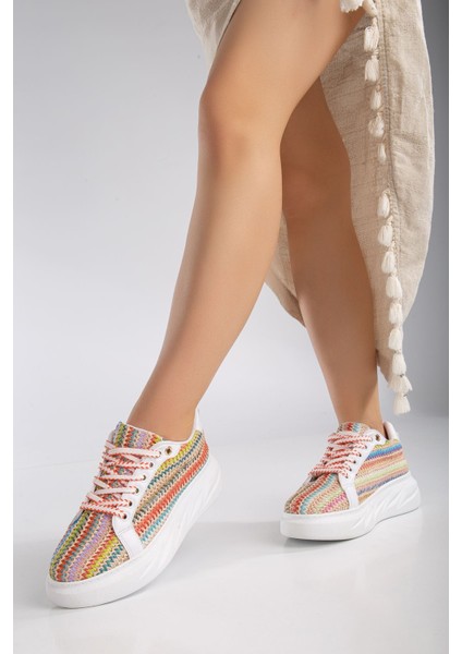 Beyaz - Renkli Hasır Tasarım, Topuk Boyu 4.5 Cm, Poli Air Hafif Taban Kadın Sneaker modelleri