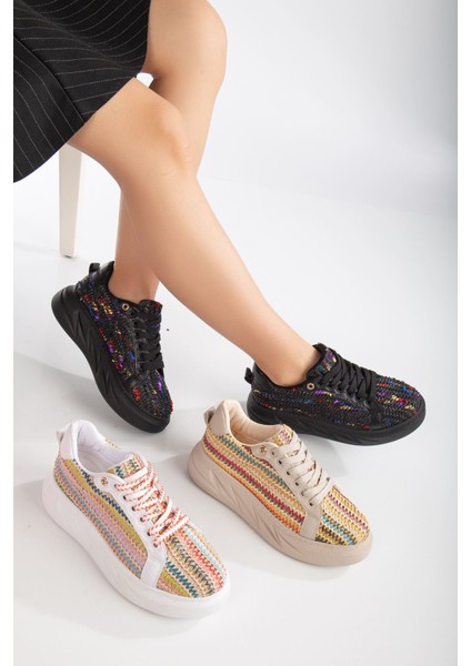 Beyaz - Renkli Hasır Tasarım, Topuk Boyu 4.5 Cm, Poli Air Hafif Taban Kadın Sneaker fırsatları
