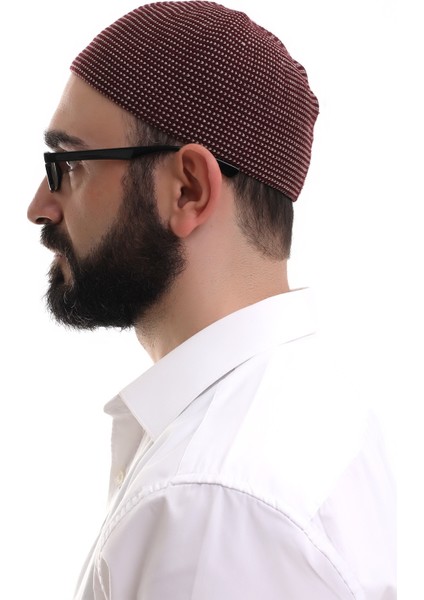 Bordo Kışlık Nokta Desenli Orlon Namaz Takkesi