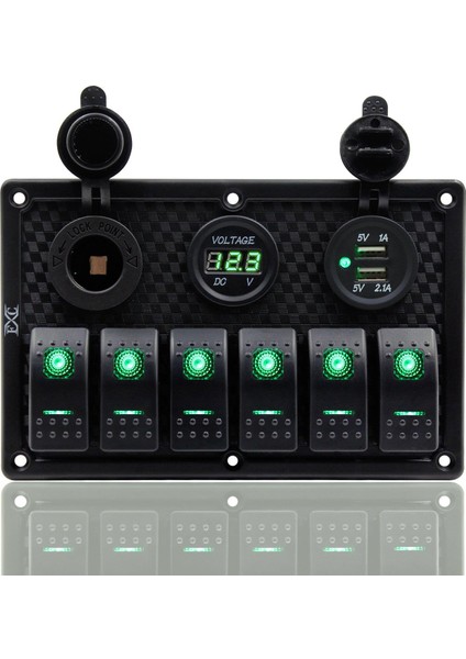 Switch Panel 6'lı Voltmetre +Çakmaklık+ USB Yeşil