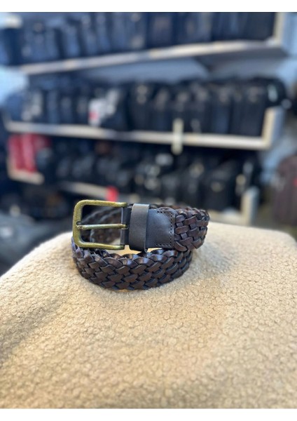 Hakiki Deri Örgü Desen Kahverengi Erkek Kemeri