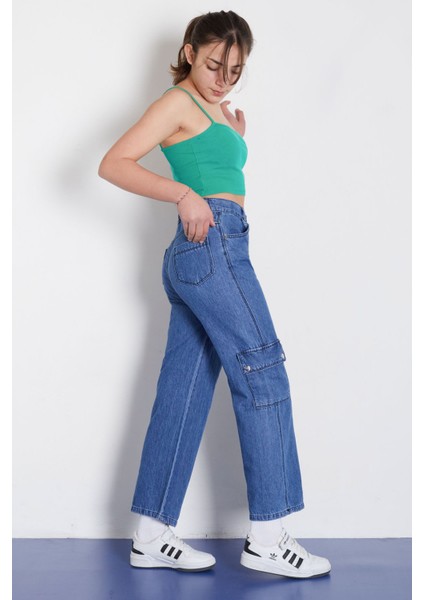 Mavi Yüksek Bel Kapaklı Cepli Kız Çocuk Geniş Paça Jean Pantolon 18367 modelleri