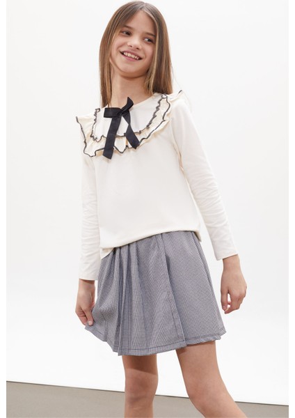 Siyah Kazayağı Desenli Şort Etekli Fiyonklu Bluzlu Kız Çocuk Takım 18265 fiyatları