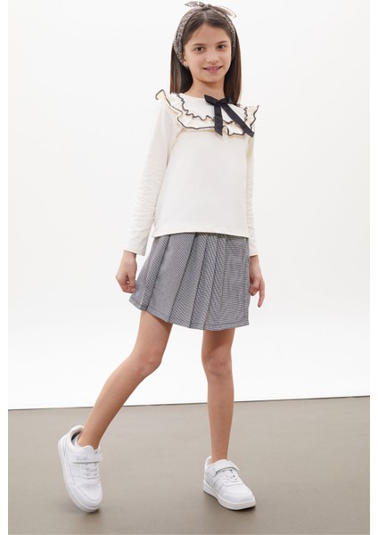 Siyah Kazayağı Desenli Şort Etekli Fiyonklu Bluzlu Kız Çocuk Takım 18265 modelleri