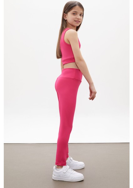 Fuşya Yüksek Bel Kız Çocuk Spor Tayt Crop Takım 18257 fırsatları