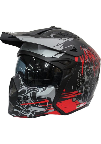 X1-X Matt Warrior Black Grey Red Moduler Kask - Motosiklet Kask