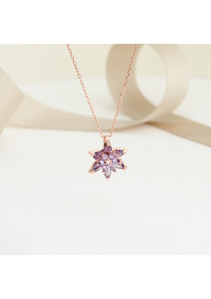 925 Ayar Rose Kaplama Ametist Taşlı Lotus Çiçeği Gümüş Kolye