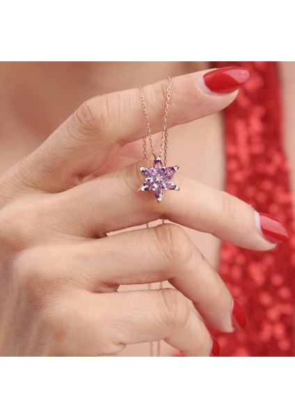 925 Ayar Rose Kaplama Ametist Taşlı Lotus Çiçeği Gümüş Kolye fiyatları