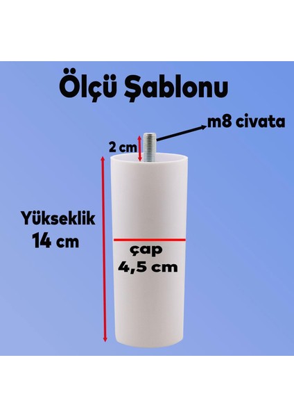 Mobilya Kanepe Koltuk Baza Yükseltici Yükseltme M8 Civatalı Vidalı Orta Destek Ayağı Ayak Beyaz 14cm