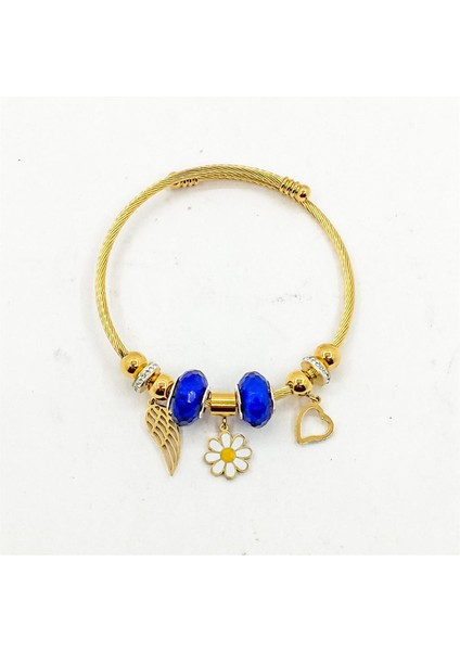 Çelik Gold Renk Mavi Kristal Taşlı Papatya Figür Zirkon Taş Detay Charm Model Kadın Bileklik fiyatları